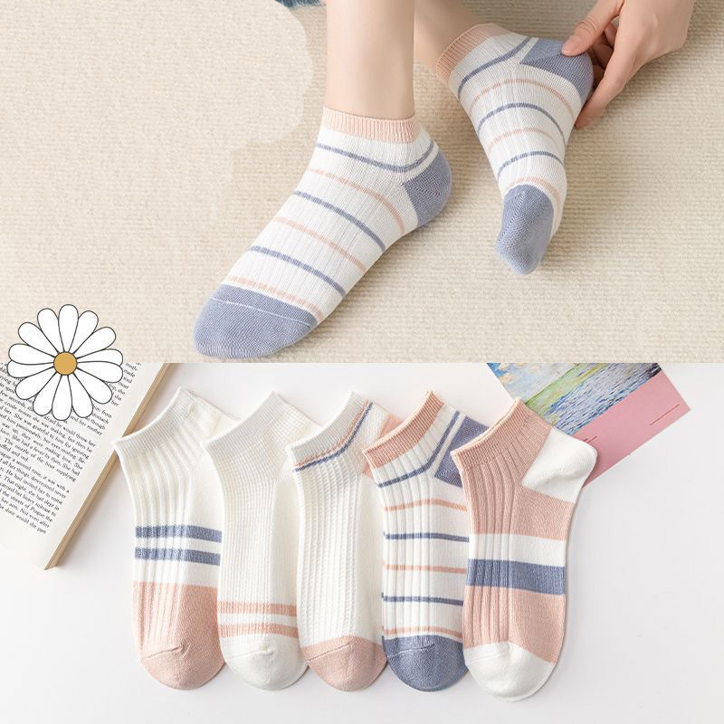 2025 Spring and Autumn Girls' Socks Shallow Mouth Stripe Cut Student Motion Invisible Boat Socks Love Polyester Wholesale 5 Colors