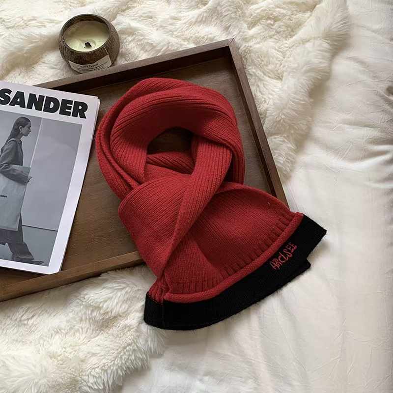 T119 scarf women's winter high-end new embroidered letters candy color edge stitching contrast color knitted scarf