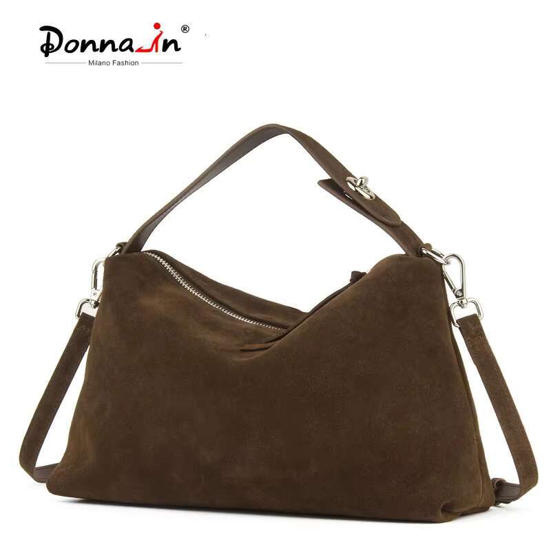 Donna-In Genuine Suede Handbag For Women Real Cowhide Tote Bag With Removable Shoulder Strap Brown Large Capacity
