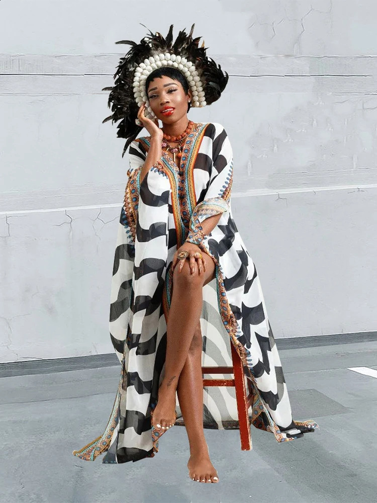 Elegant Kaftan Long Print Tunic Loose Maxi Dress Vintage Bikini Women Summer Clothing Beach Wear Swim Suit Cover Up A 250120