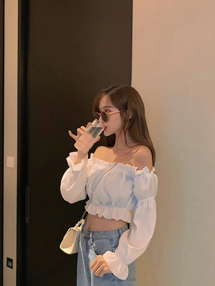 Womens top sexy shirt shoulder long sleeves solid color white fluffy ruffles tuned summer y250122