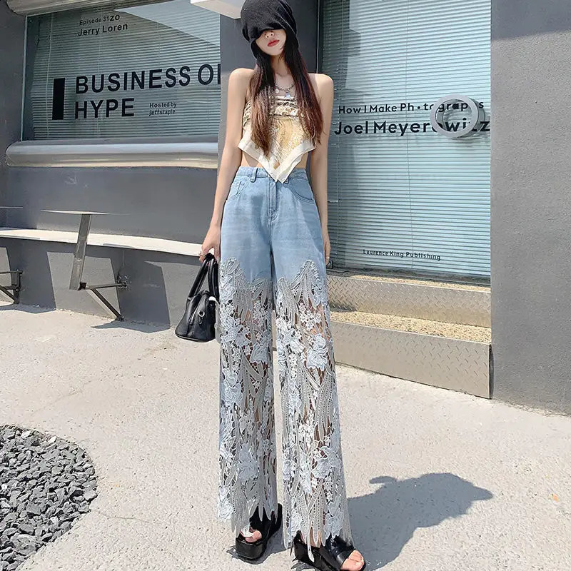 Fashion Elegant Jeans for Women High Waist Lace Patchworl Hollow Out Irregular Womens Casual Loose All Match Pants 250117