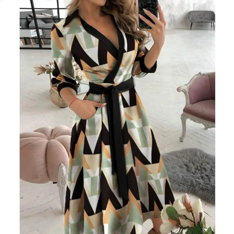 Office Women Casual Sashes A-Line Wrap Summer Dress Print Long Sleeve V-Neck Dress Pocket Elegant Midi Party Dress Vestidos 250122