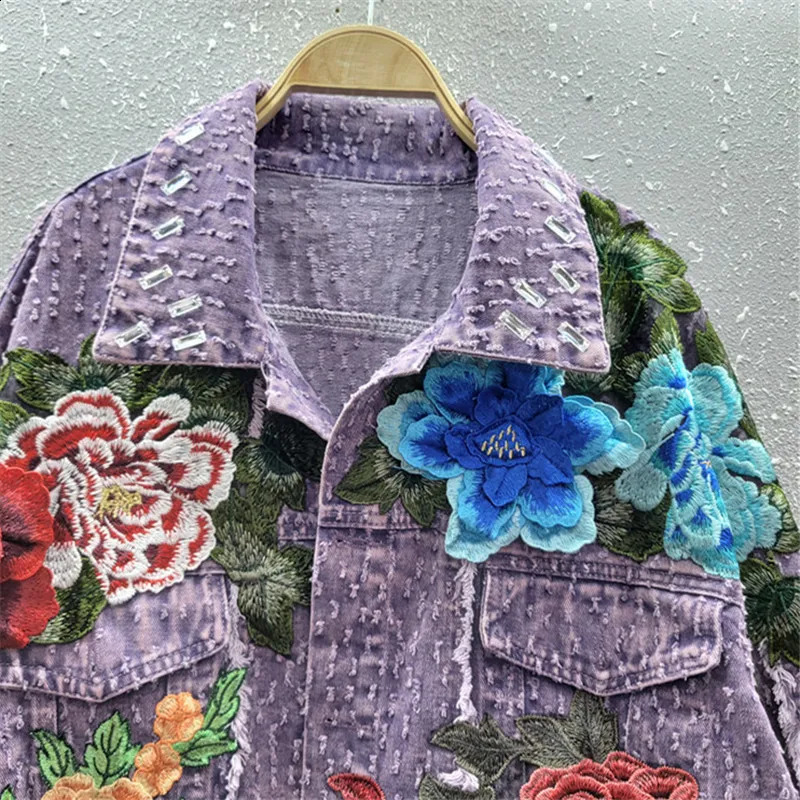 Embroidery Flower Purple Denim Jacket Women Casual Loose Short Cow Outwear Spring Autumn Hem Frayed Jeans Jacket Coat Female 250107