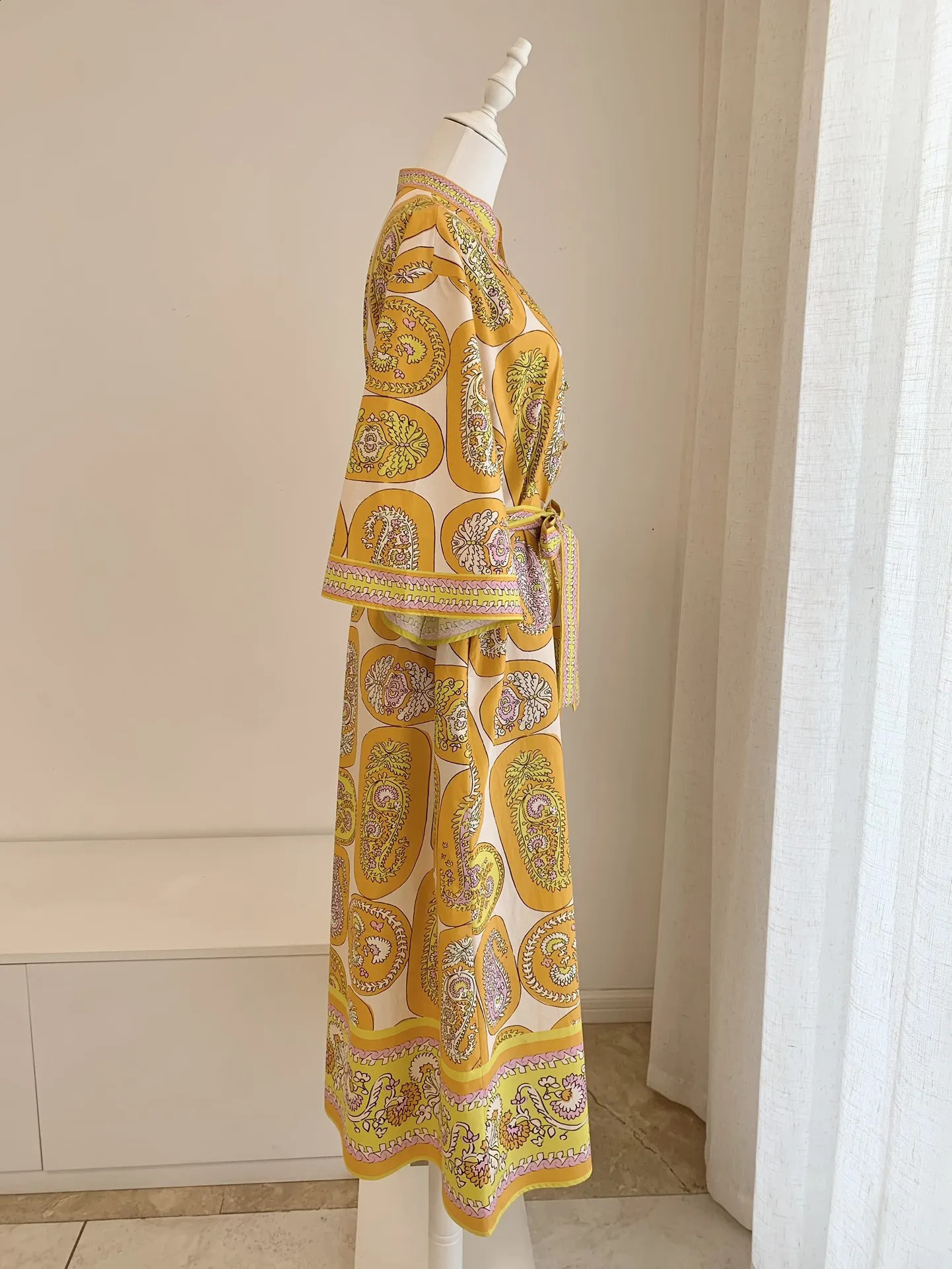 Women Organic Cotton Half High Collar Paisley Printed Midi Dress with Sashes 250121
