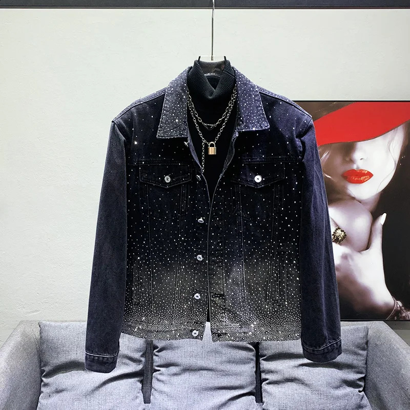 Mens High-End Starry Rhinestone Denim Jackets Mens Versatile Handsome Denim Jacket Loose Fashion Shiny Jacket Long Sleeve Tops 250121