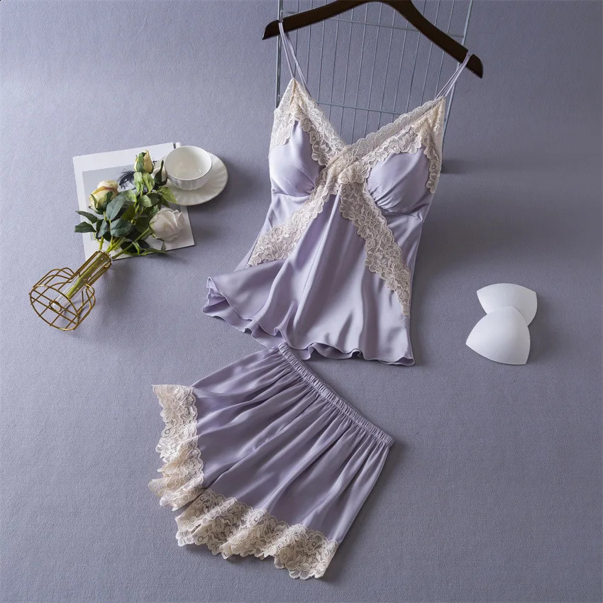 Daeyard Sexy Lace Lingerie Set for Women Silk Pajama Set Cami and Shorts 2 Pieces Pjs Nightwear Satin Sleepwear Home Clothing 250122