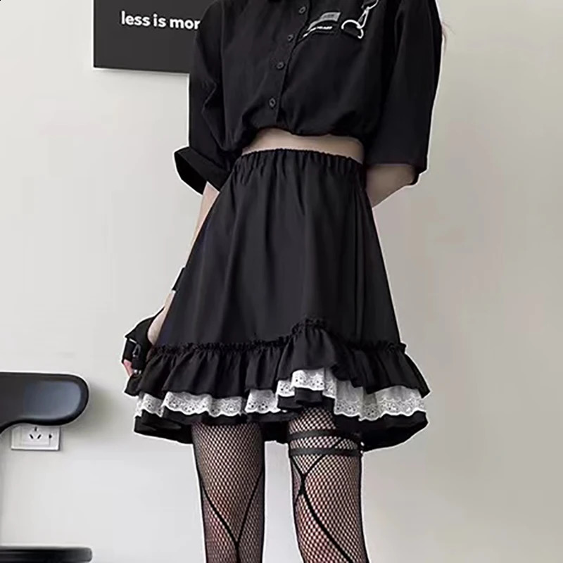 HOUZHOU Mall Goth Gothic Lace Ruffle Mini Skirts Harajuku Fairy Grunge Black Pleated Skirt Japanese Lolita Streetwear 250110Z