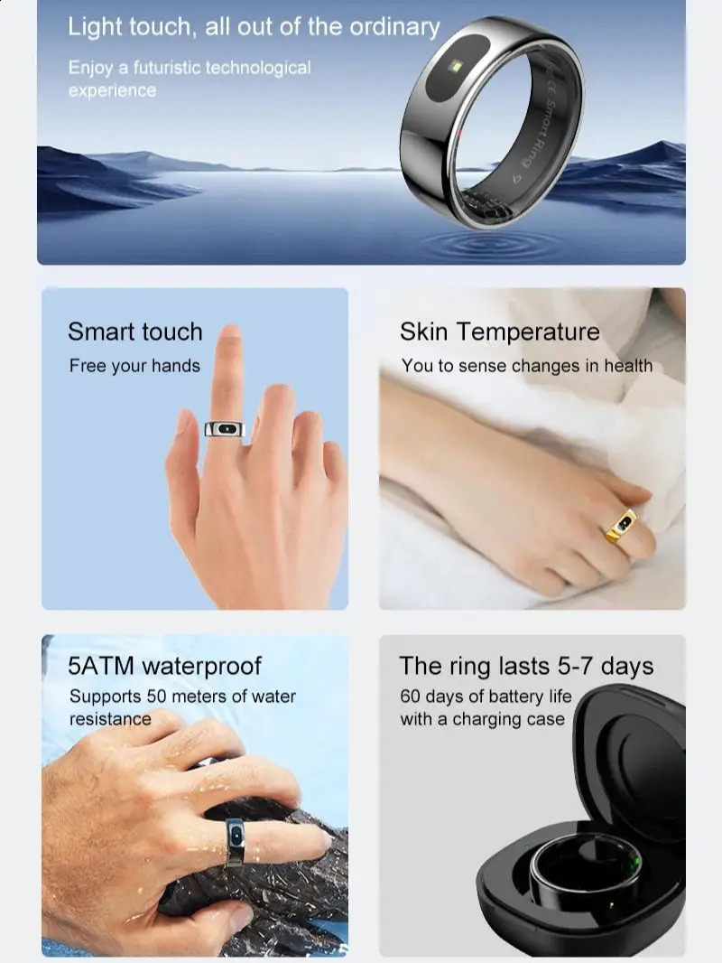 R08 Smart Ring With Charging Case Smart Touch Screen Health Monitor Sports Fitness Tracker IP68 5ATM Waterproof Smart Ring 250120