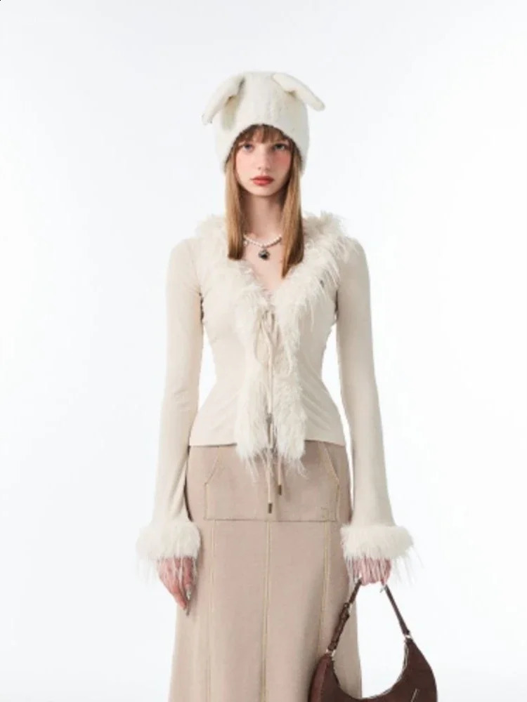 Elegant Vintage Vneck Lace Up Furry Plush Cardigan Women Spring Crop Top Long Sleeve Sweaters Sexy Slim Fit Bottoming Tops 250109Z