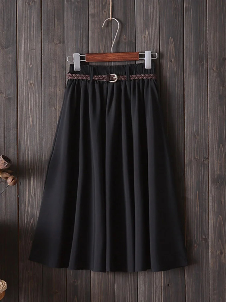Midi Knee Length Summer Skirt Women With Belt Fashion Korean Ladies High Waist Pleated Aline School Female 250110Z