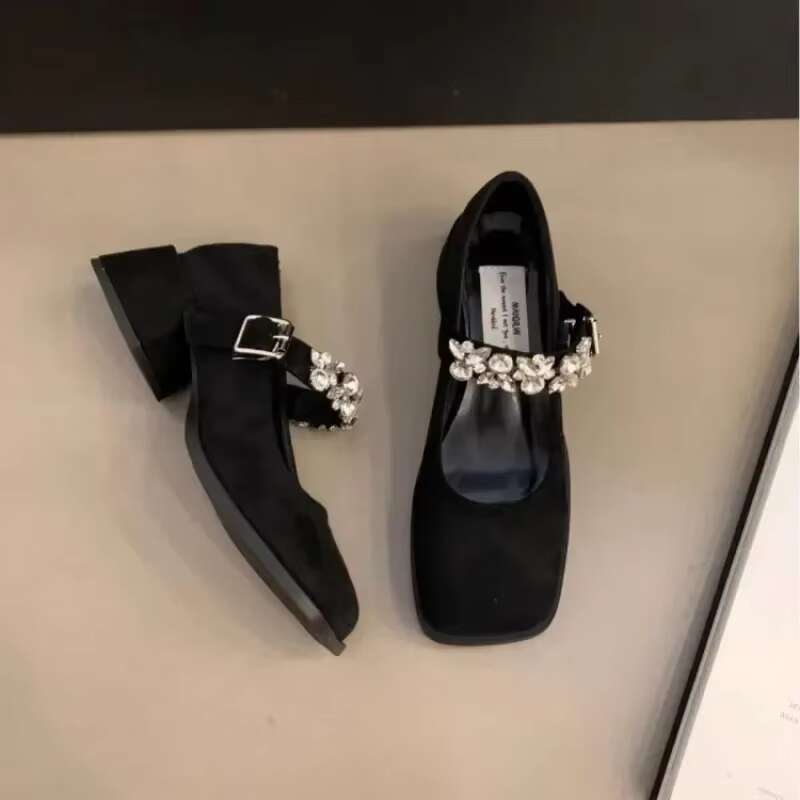 Women's Fashion High Heel Single Autumn New Square Head Shallow Mouth Rhie Thick with Temperament Mary Jane Shoes