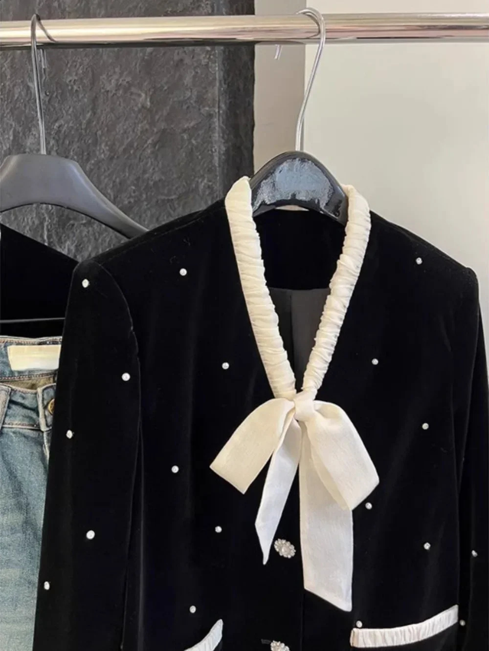 Neploe Vintage Bow Velvet Literary Allmatch Veste Femme Diamonds Beading Loose Jacket Minority Chic Y2K Small Fragrance Coat 250113Z