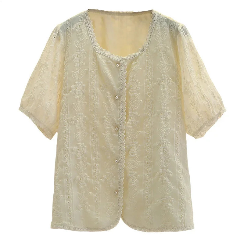 Fashionable Embroidered Tweed Top For Plus Size Women Loose Fit Slimming Square Collar Shirt Heavy Duty Short Sleeves 250122