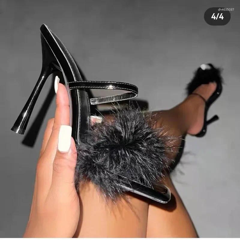 Dress Shoes Pointed Toe Women's High Heels 2025 Summer Sexy Feather Decoration Simple Stiletto Slippers Fashion Banquet Open Mules zhanyishengli