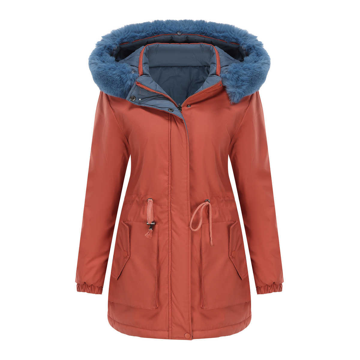 Autumn Winter Two Sided Warm Cotton Coat Detachable Hat Long Sleeve Zipper Thick Cotton Coat Hairy Collar Overcomes Womens Long Trench Coat Womens Jac