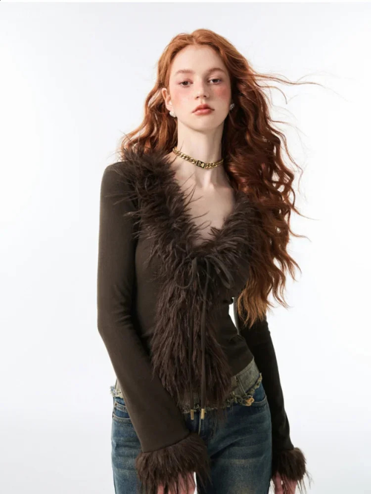 Elegant Vintage Vneck Lace Up Furry Plush Cardigan Women Spring Crop Top Long Sleeve Sweaters Sexy Slim Fit Bottoming Tops 250109Z