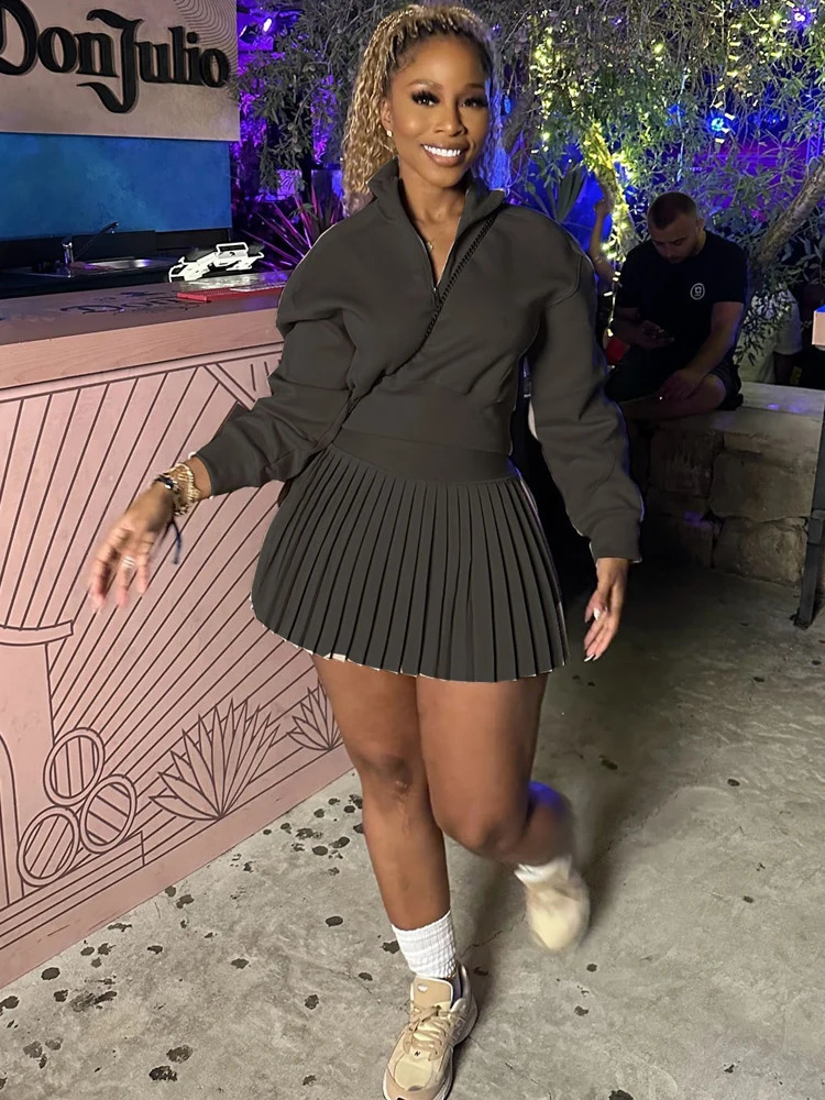 BKQU Elegant Solid 2 Piece Set Women Casual Long Sleeve Sweatshirt Pleated Mini Skirt Suit Autumn Winter Party Simple Clothing 250121
