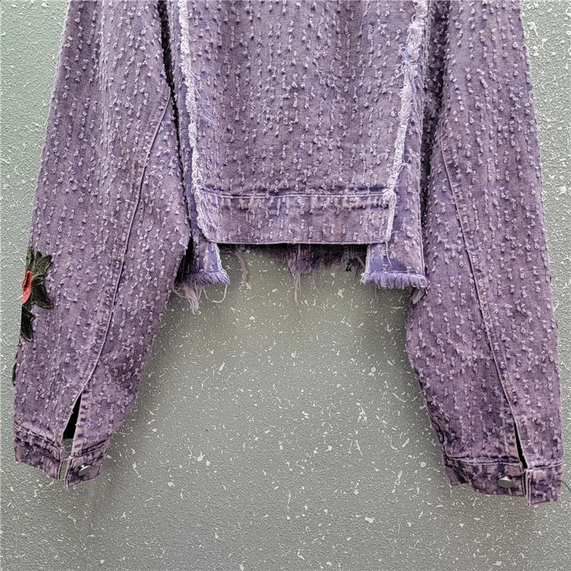 Embroidery Flower Purple Denim Jacket Women Casual Loose Short Cow Outwear Spring Autumn Hem Frayed Jeans Jacket Coat Female 250107