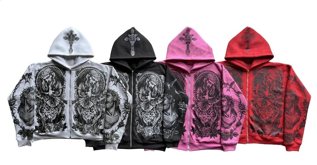 Y2k Vintage Casual God Printed Zip Up Hoodie Sweatshirt Aesthetic Gothic Fashion Couple Tops Hiphop High Street Clothes 250109