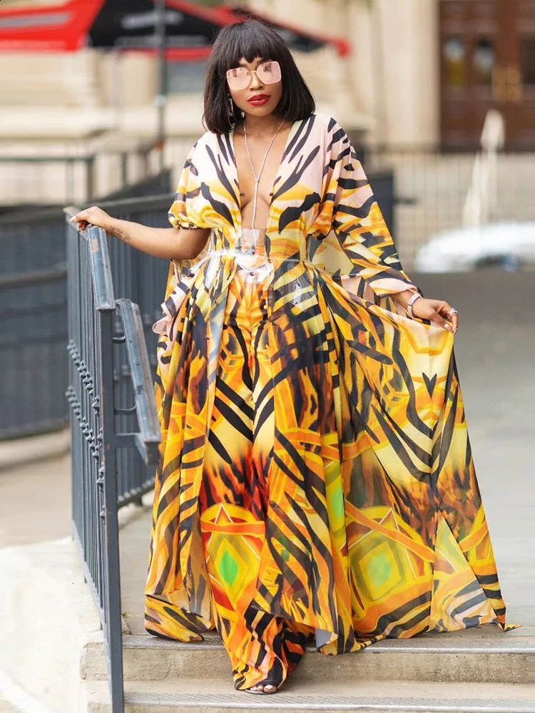 Elegant Kaftan Long Print Tunic Loose Maxi Dress Vintage Bikini Women Summer Clothing Beach Wear Swim Suit Cover Up A 250120