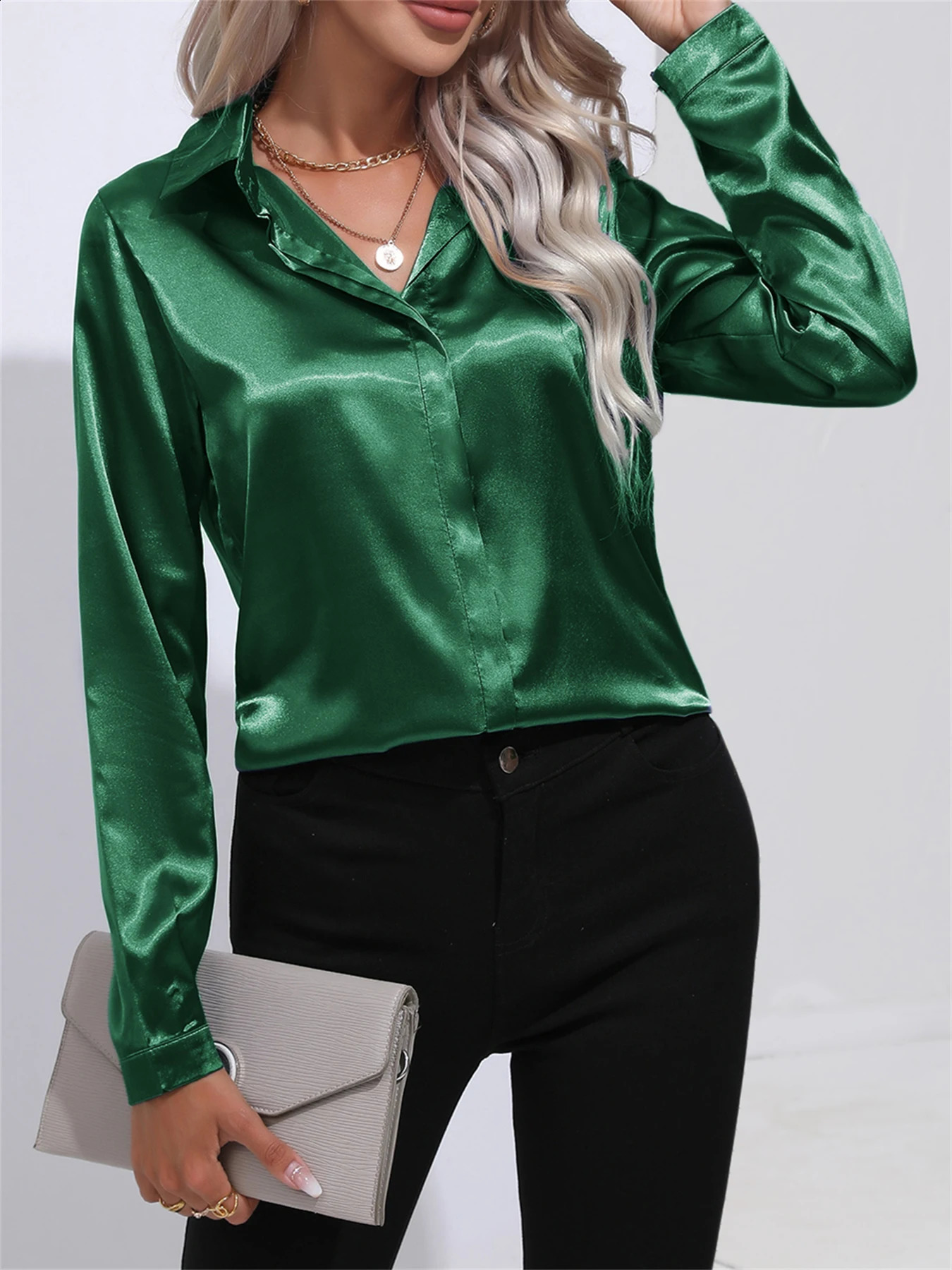 Elegant TurnDown Collar One Button Satin Long Sleeve Shirt For Women Office Blouse 250121Z