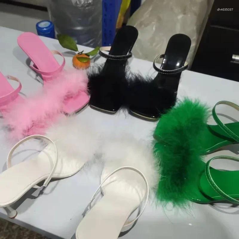 Dress Shoes Pointed Toe Women's High Heels 2025 Summer Sexy Feather Decoration Simple Stiletto Slippers Fashion Banquet Open Mules zhanyishengli