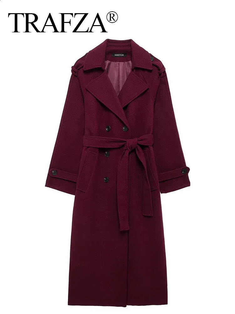 TRAFZA Elegant Double Breasted Windbreaker With Belt Female Long Sleeve Lace Up Loose Lapel Pockets Fashion Woolen Coat 250118