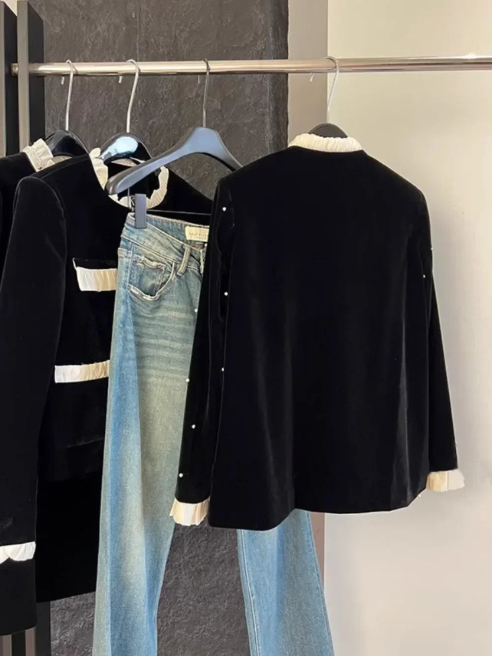 Neploe Vintage Bow Velvet Literary Allmatch Veste Femme Diamonds Beading Loose Jacket Minority Chic Y2K Small Fragrance Coat 250113Z