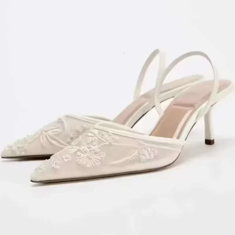 Mesh Embroidered Brand Sandals String Bead Thin Heels Mules Shoes Pointed Toe Sgback Slippers Women atos De Mujer