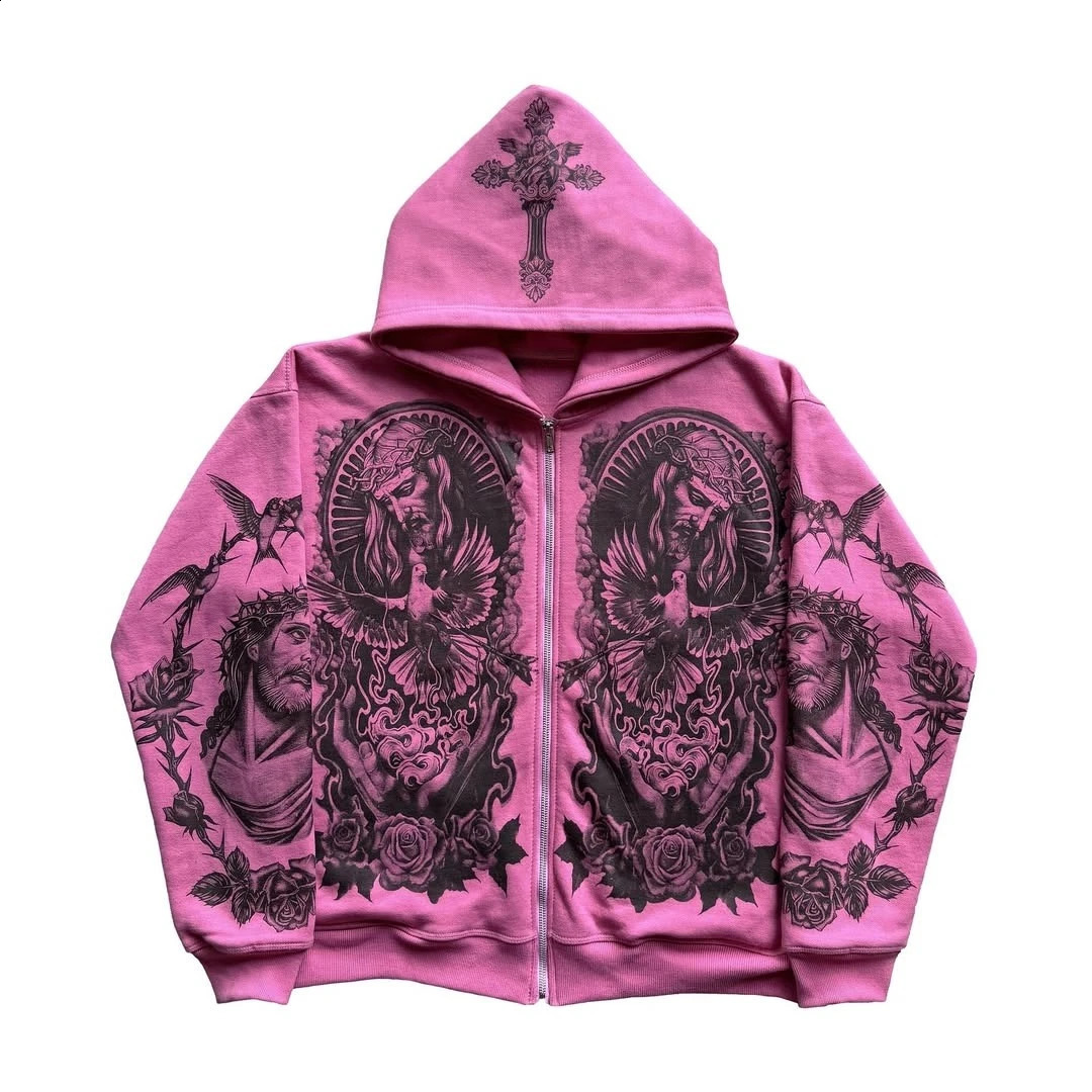 Y2k Vintage Casual God Printed Zip Up Hoodie Sweatshirt Aesthetic Gothic Fashion Couple Tops Hiphop High Street Clothes 250109