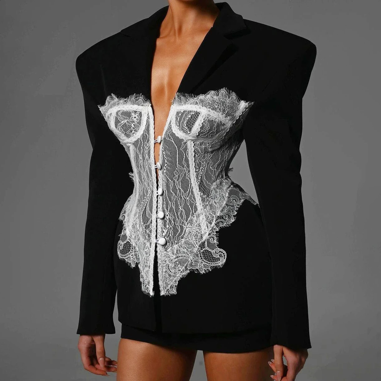 Fashionable Outerwears Women Clothing Lace Stitched Slim Suit For LongSleeves HighWaisted Westernstyle Clothes 250122