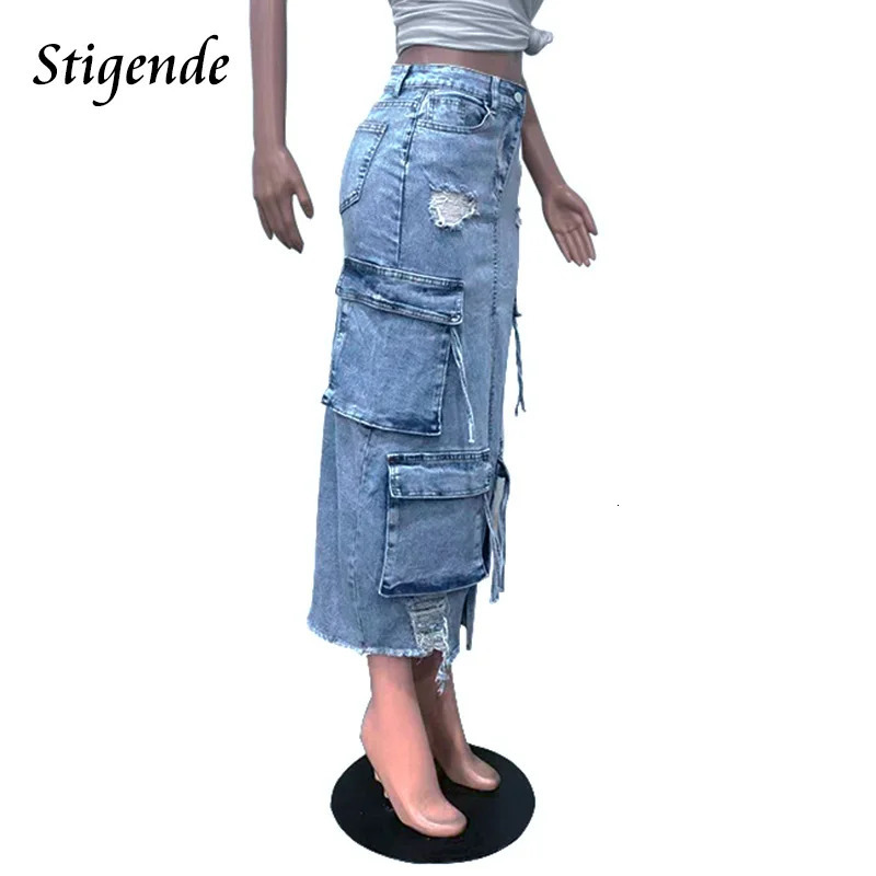 Stigende Womens High Split Ripped Denim Maxi Skirt with Multiple Pockets Distressed Lace Up Jeans Cargo Skirt Y2k 250117