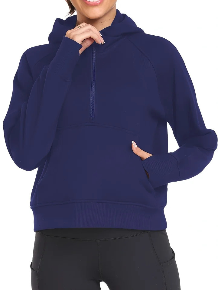 Womens 12 Zip Hoodies Half Pullover Loose Sweatshirts Thumb Hole Pocket Long Sleeve Crop Tops 250121