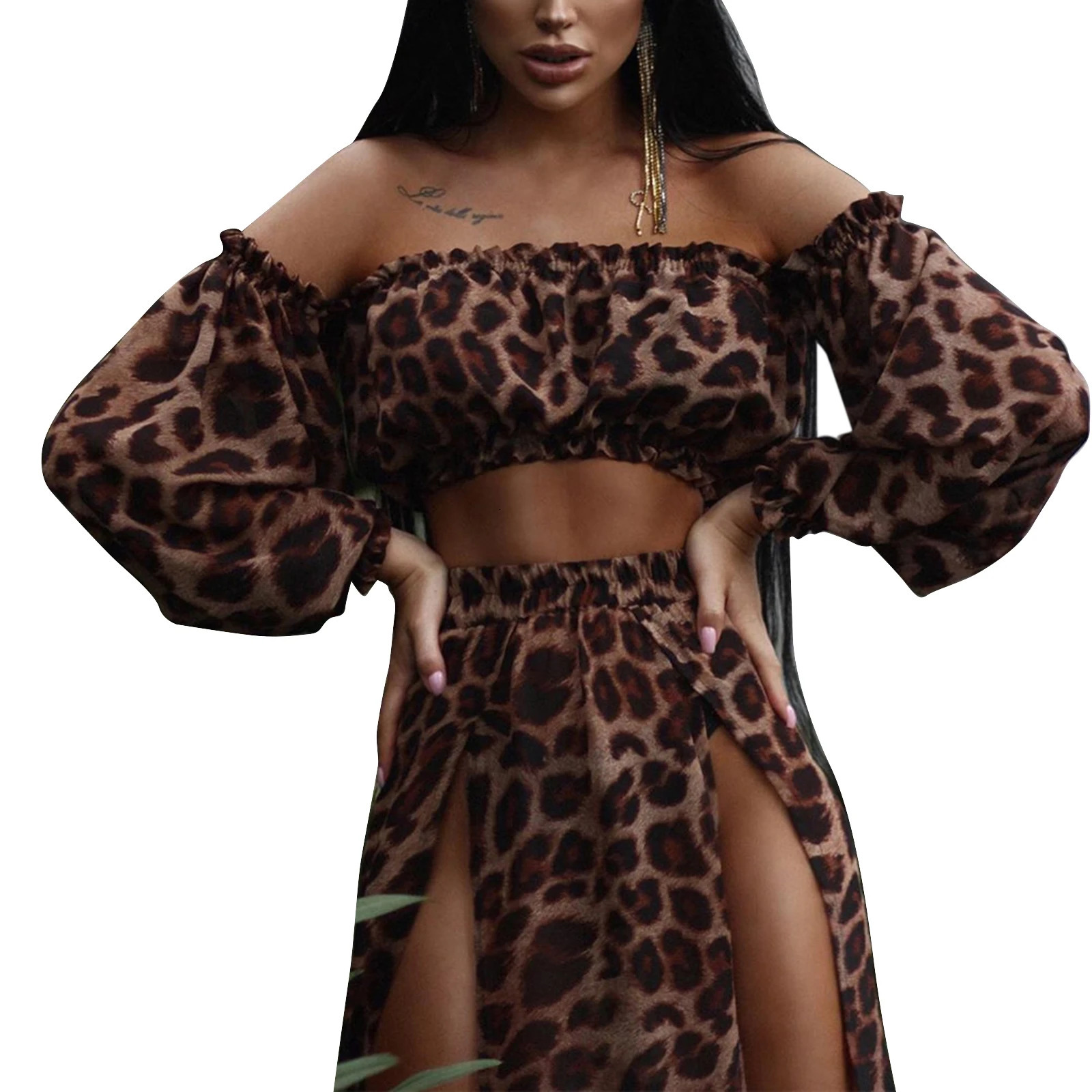Meihuida Bikini Cover Ups Set Off Shoulder Long Sleeve Crop TopsMaxi Up Skirt Twopiece Suit for Beach Mesh Swimwear 250120