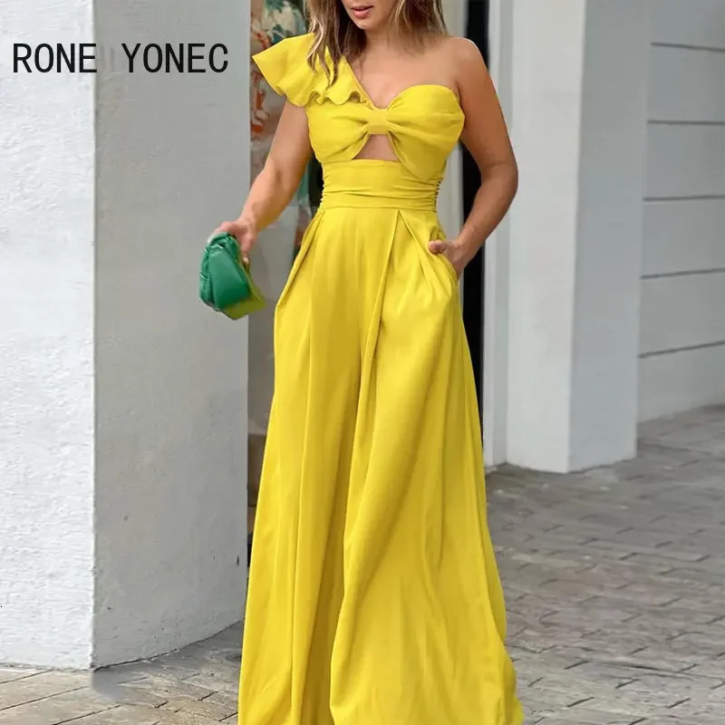 Women Elegant Solid One Shoulder Ruffle Sleeveless Hollow Bow Wide Leg Formal Jumpsuit 250109