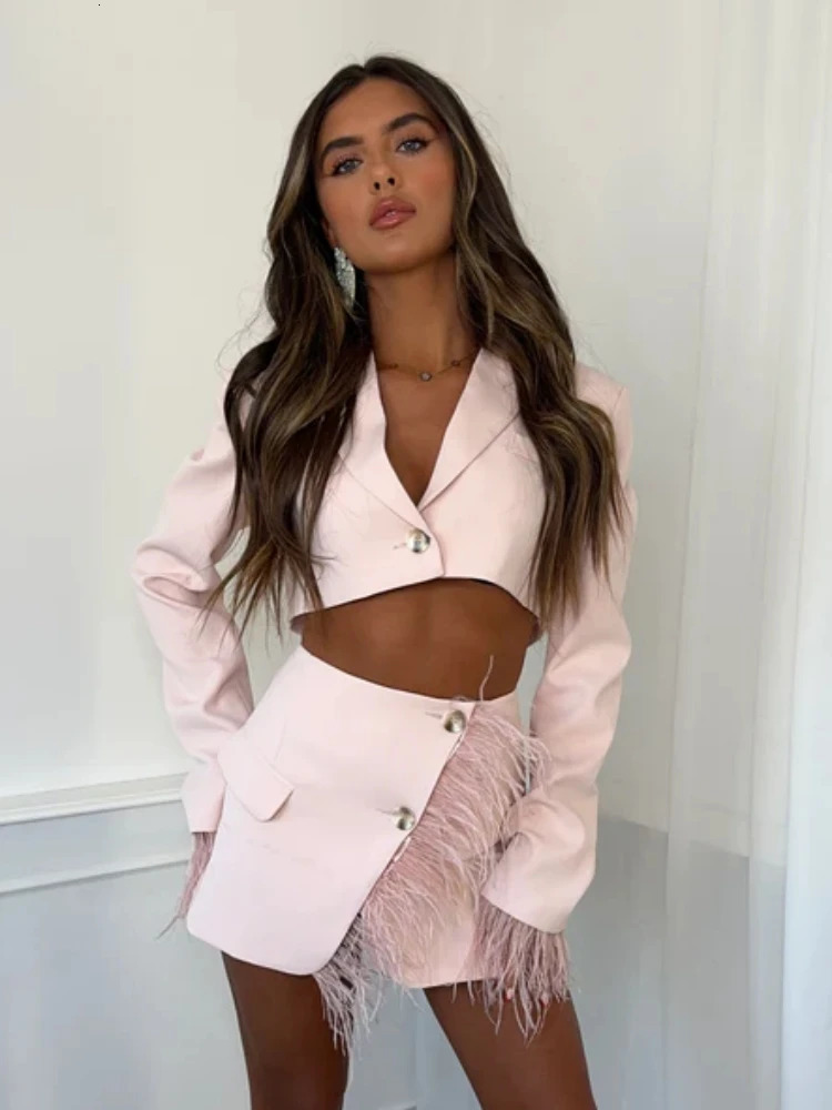 Sexy Long Sleeve Cropped Feather Blazer Feathers Skirt Two Piece Sets Women Pink Crop Top Mini Skirts Suits Party Evening Club 250108