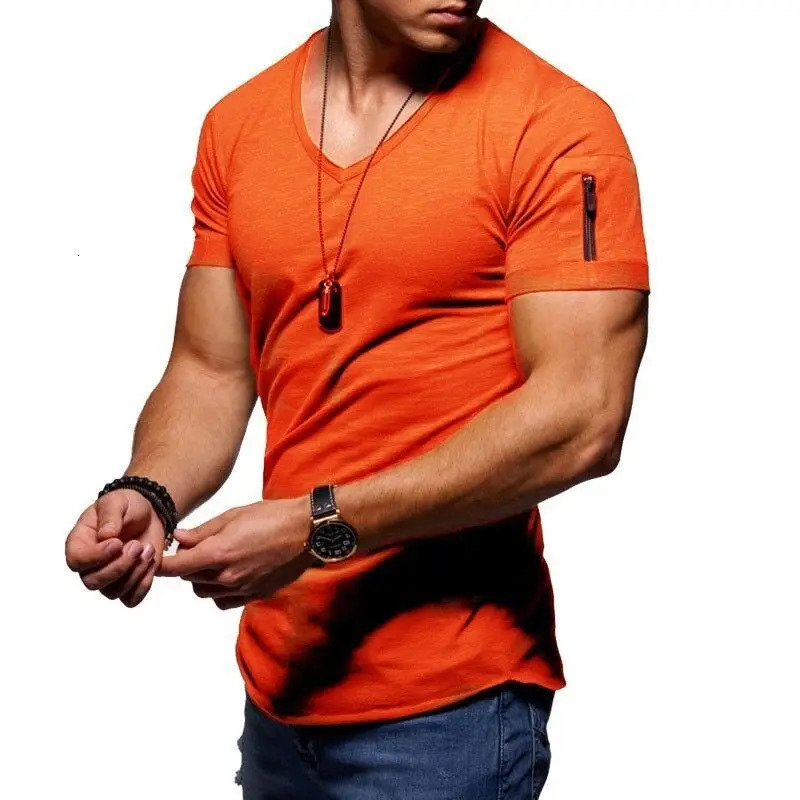 Summer Mens V Neck T Shirt Fitness Bodybuilding Tshirt High Street Short Sleeved Zipper Casual Cotton Top Plus Size S5XL 250110