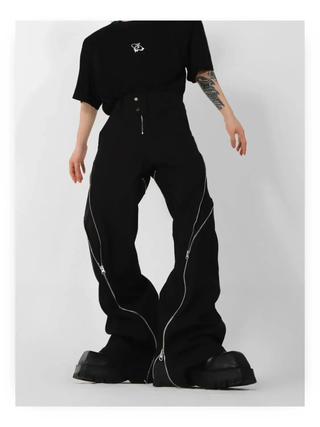 American trendy men black zipper slit slightly flared pants vertical feeling straight casual pants retro trousers 250116