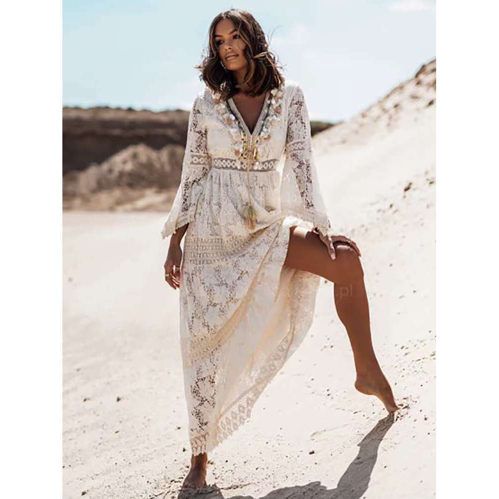 Women's Lace Beach Vintage Flare Sleeve Hollow Out Boho Maxi Dress With Tassel Romantic Vacation Vestidos
