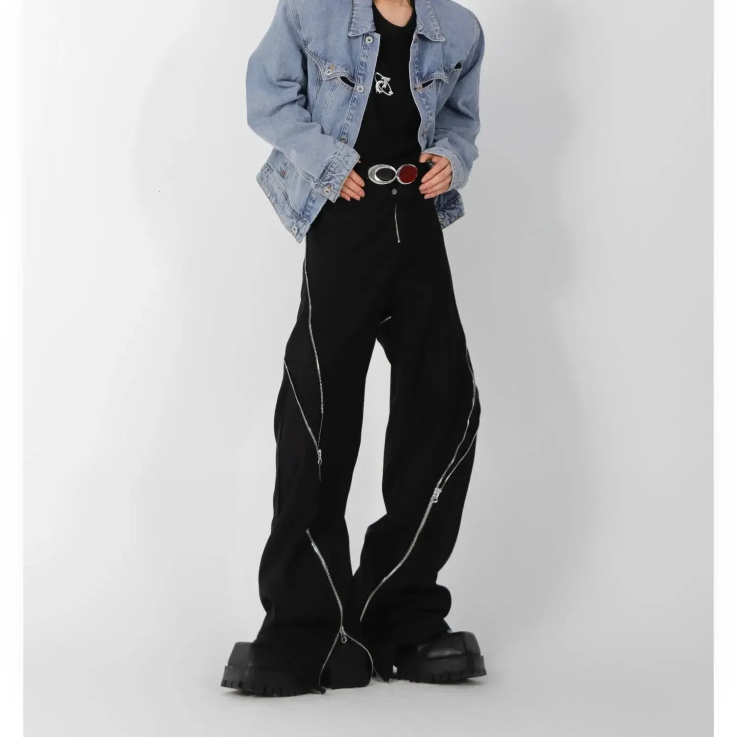 American trendy men black zipper slit slightly flared pants vertical feeling straight casual pants retro trousers 250116