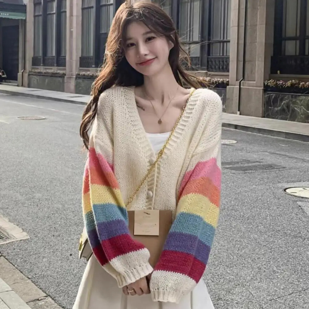 Fashion Rainbow Sweet Cardigan Sweaters Women Autumn Thin Casual Korean Knitted Coat V-Neck Loose Long Sleeve Tops Outwear 250121