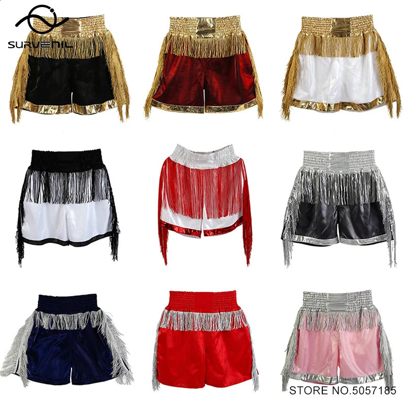 Boxing shorts advanced Muay Thai shorts mens womens rens martial arts MMA clothing gold and silver tassel fighting taekwondo shorts 250109