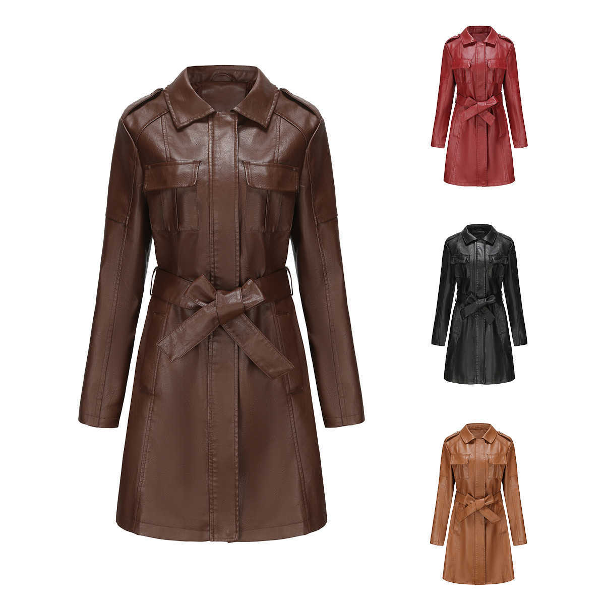 Mid Length Leather Jacket with Belt Spring Autumn Long Sleeved Leather Windbreaker Fashionable British Coat for Womens Long Trench Coat Womens Jacket 