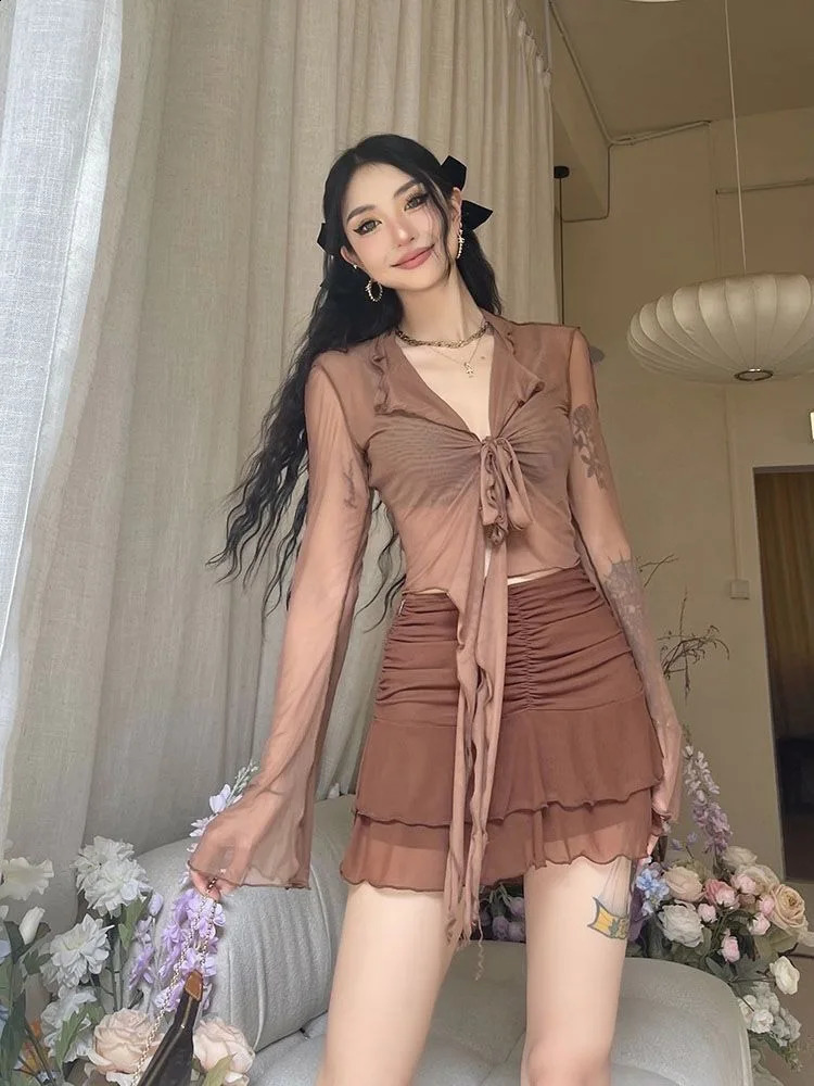 Long Flare Sleeve Blouses for Women Laceup Mesh Sexy Sweet Girls Korean Fashion Style Allmatch Solid n Elegant Casual 250121