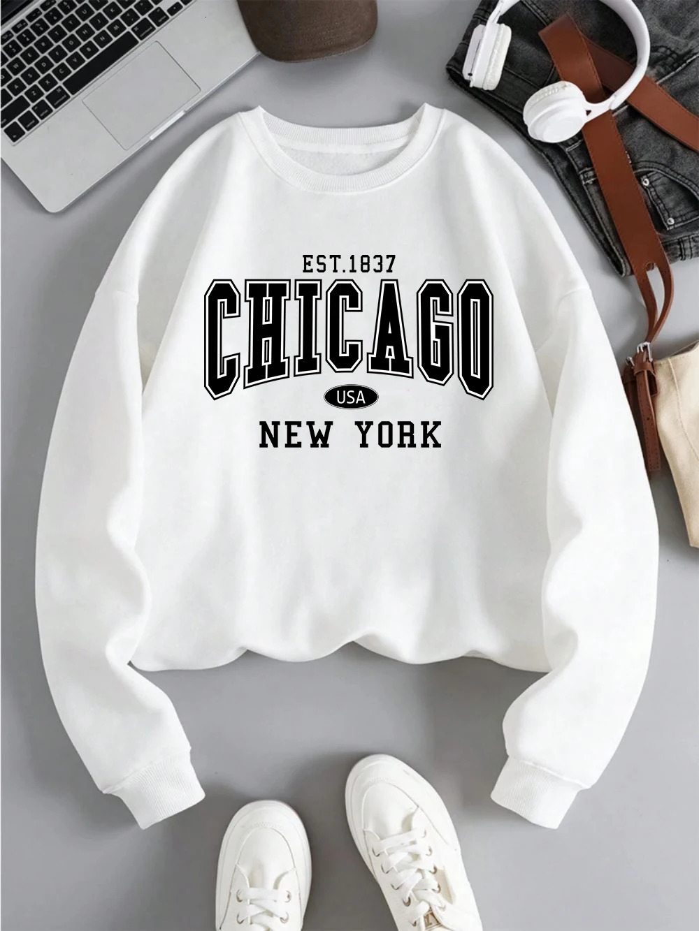 Chicago York USA Sweatshirt White Letter Print Casual Hoodie Winter Fleece Crewneck Black Sporty Clothes Woman Tops 250121