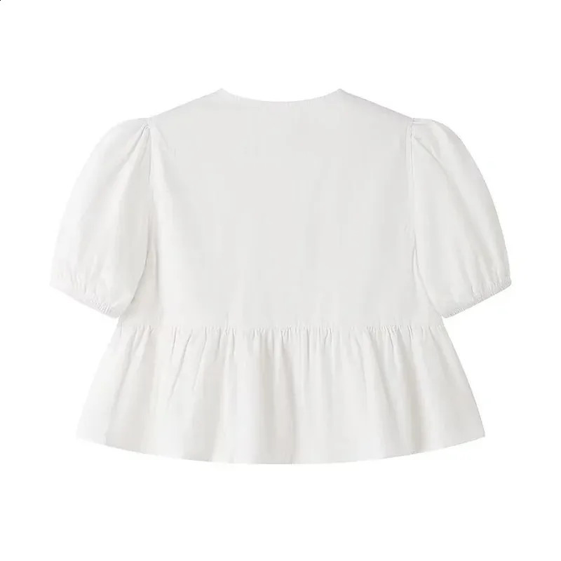 TRAF White Crop Top Women Black Ruffle Short Puff Sleeve Blouse Female Bow Tied Summer Blouses Woman 2024 Ruched Cute Tops 250121