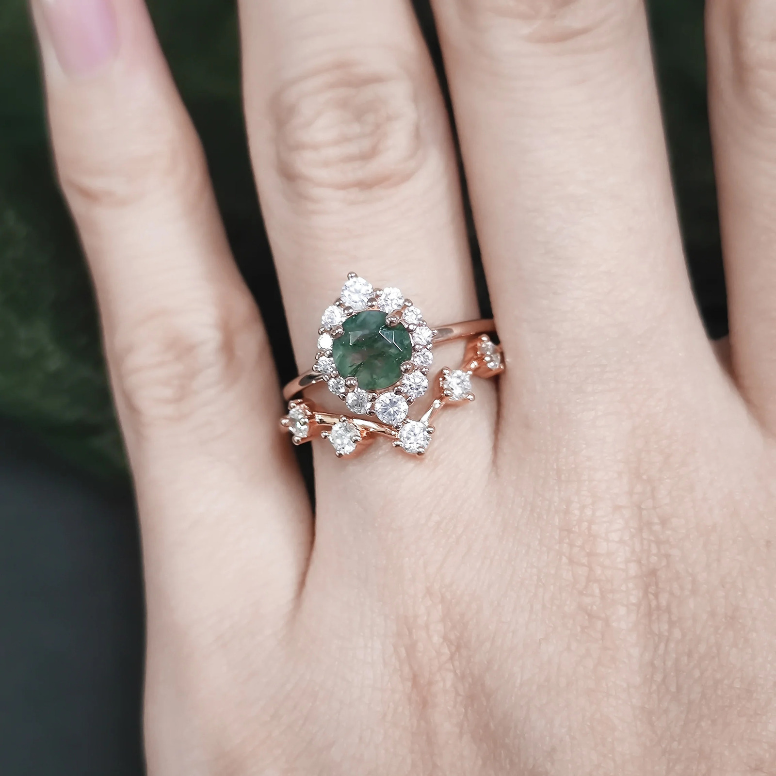 GEMS BALLET Vintage Moss Agate Halo Promise Engagement Ring Chevron Cluster Bridal Wedding Band Ring Set 925 Sterling Silver 250121