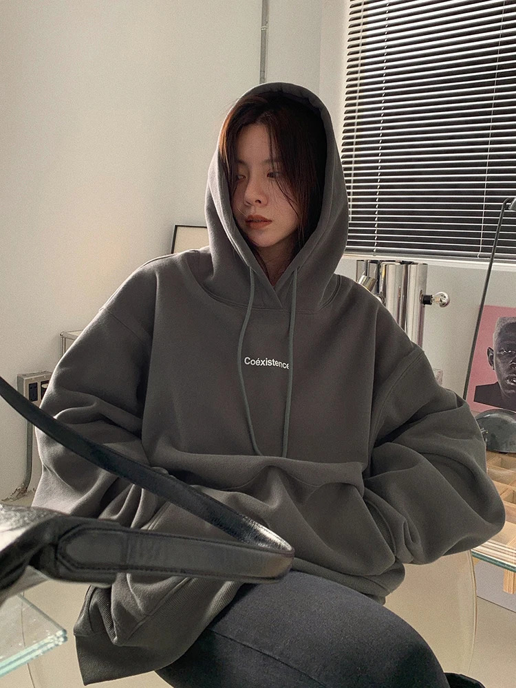 Korean Fashion Grey Fleece Thicken Baggy Pullover Pocket Letter Printing Sweatshirt Lazy Casual Raglan Sleeves Hoodie Autumn 250109