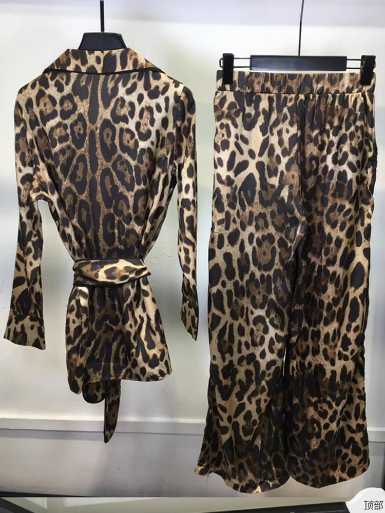 Autumn Leopard print lapel long sleeve lace-up shirt womens two-piece suithigh waist wide leg trousers fashion suit 250120
